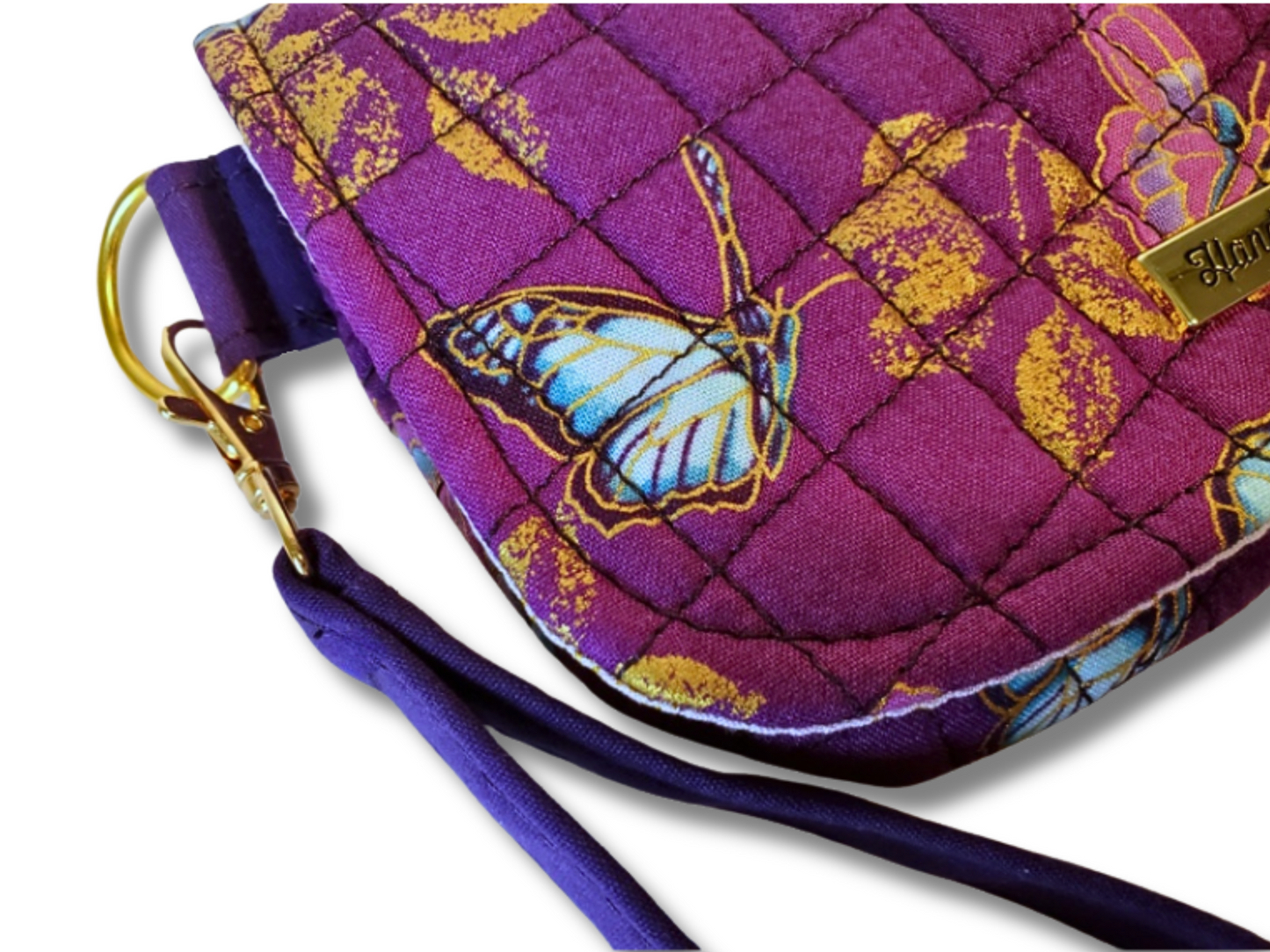 Handcrafted Quilted Wristlet Clutch, Purple Butterfly Print with Pretty Blues and Gold Accents