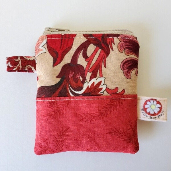 The Mini Mini Coin Pouch, Small Zippered Purse in Red and Beige Floral Print