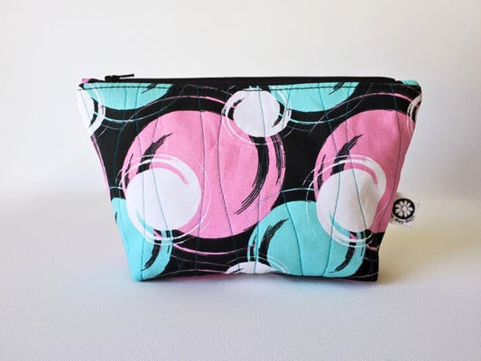 Modern Prints Cosmetic Bag - Turquoise, Pink, and White Circle Quilted Makeup or Project Bag, Zippered and Lined