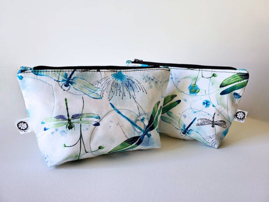 Quilted Zippered Cosmetic Bag with Watercolor Dragonflies Print - Lined, Blues and Greens