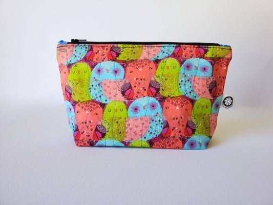 Colorful Owl Print Quilted Zippered Cosmetic Bag - Lined Cotton Makeup Pouch