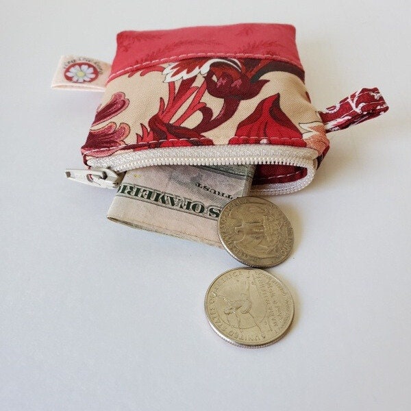 The Mini Mini Coin Pouch, Small Zippered Purse in Red and Beige Floral Print