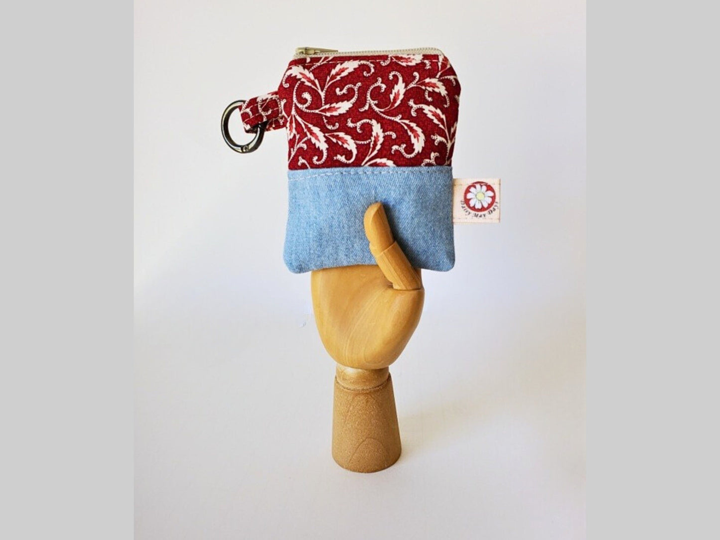 The Mini Mini Coin Pouch, Small Zippered Purse in Denim and Red Floral Print