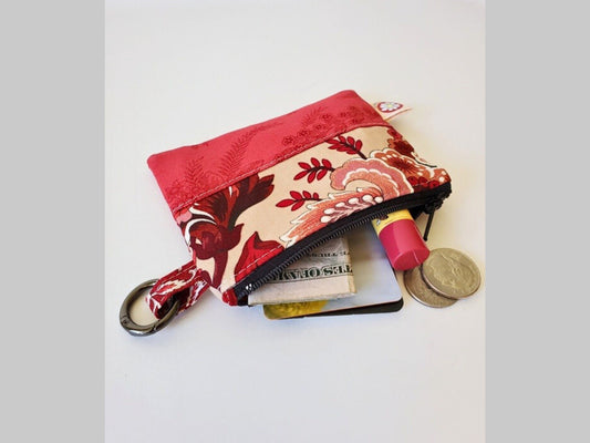 Floral Zippered Coin Purse in Red and Beige, Perfect Size for Small Items on the Go, Great Gift
