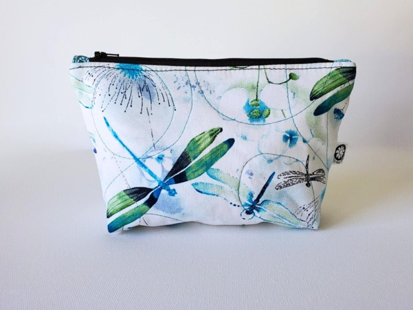 Quilted Zippered Cosmetic Bag with Watercolor Dragonflies Print - Lined, Blues and Greens