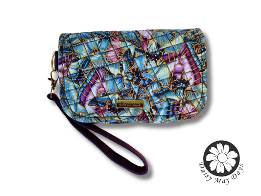 Handcrafted Quilted Wristlet Clutch - Butterfly Print in Gorgeous Blues, Purples and Gold