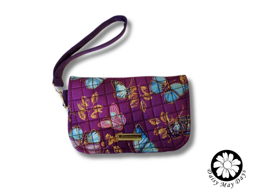 *New!* Handcrafted Quilted Wristlet Clutch, Purple Butterfly Print with Pretty Blues and Gold Accents
