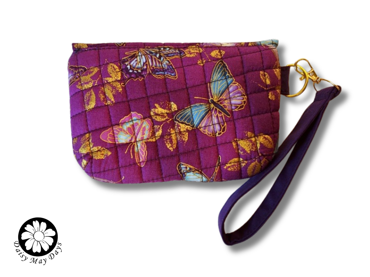 Handcrafted Quilted Wristlet Clutch, Purple Butterfly Print with Pretty Blues and Gold Accents