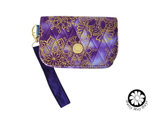 Mini Wristlet Clutch Purse, Handcrafted, Gold on Royal Purple