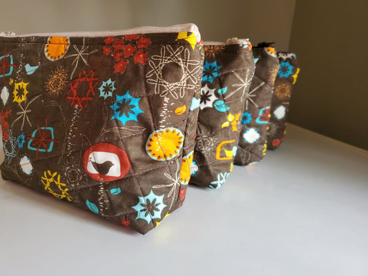 *Clearance* Quilted Cosmetic Bag, Retro Pattern - Medium Size Travel Pouch with zipper, Cosmetic Bag, Toiletries bag, fabric bag